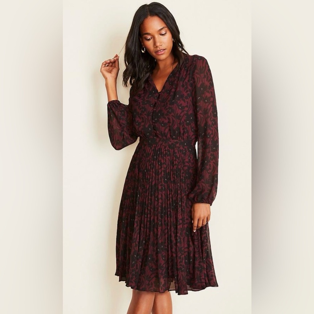 Ann Taylor Burgundy and Black Floral Long Sleeve Dress